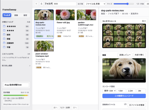 FrameSweep media review and sorting screen